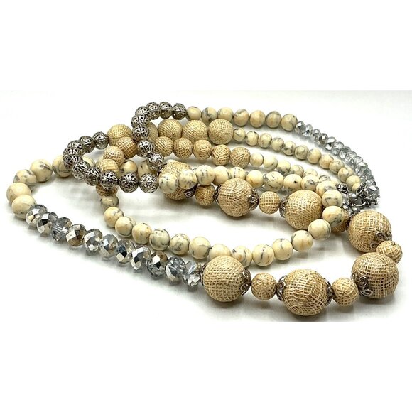 Layered Mixed Bead Necklace With Beige and Silver Tones Adjustable Clasp - Picture 8 of 8